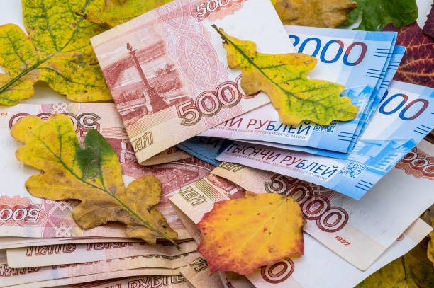 Russian money and autumn leaves, paper money and oak leaves, five thousand and two thousand rubles stock photo