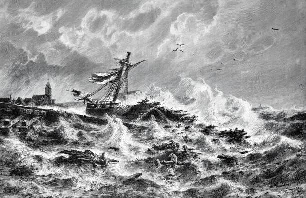 illustrations, cliparts, dessins animés et icônes de navire détruit dans la mer lourde - naufrage de bateau