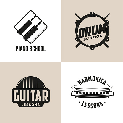 Drum, Harmonica, Guitar and Piano school isolated logos. Music lessons. Retro labels, badges, emblems. Vector Illustration