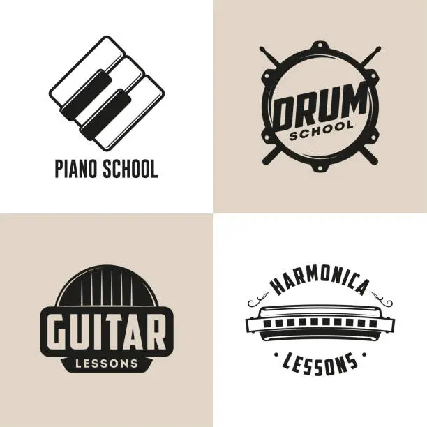 Vector illustration of Drum, Harmonica, Guitar and Piano school isolated logos. Music lessons.