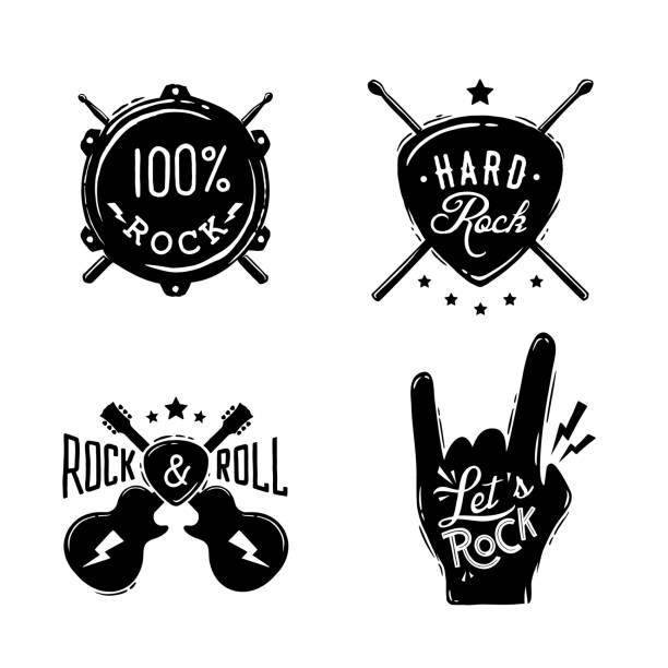 Rock music emblems. Retro label, badge. Rock music emblems. Retro label, badge. T-shirt print design percussion instrument stock illustrations
