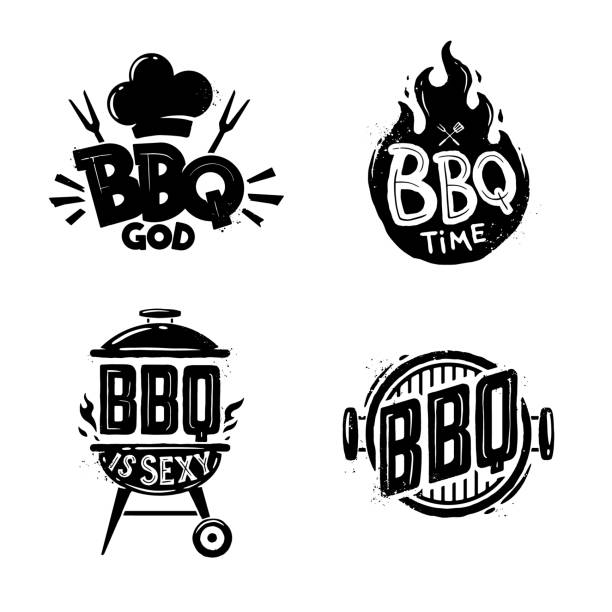 grill und grill abzeichen, aufkleber, emblem, logo. - butchers shop meat sausage store stock-grafiken, -clipart, -cartoons und -symbole