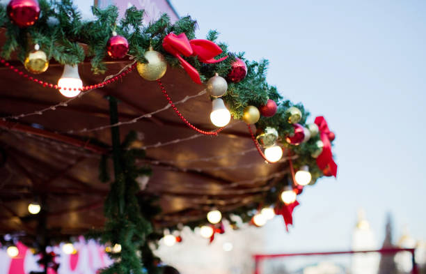 istock Christmas market stall with decorations 1287491750