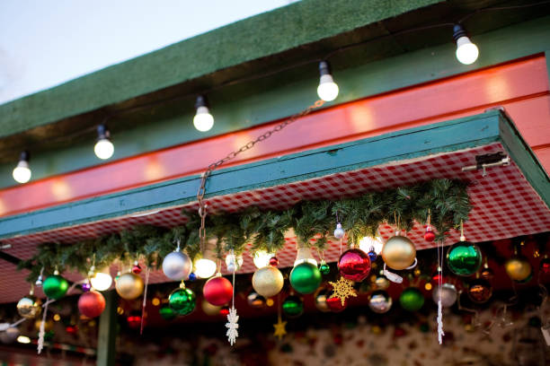 istock Christmas market stall with decorations 1287491770