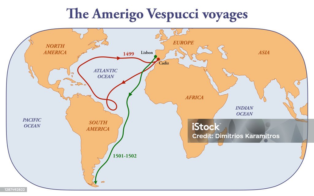 The Amerigo Vespucci Route Stock Illustration - Download Image Now - Globe - Navigational Equipment, World Map, Cartography - iStock
