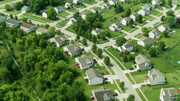 Aerial shot of suburban development on the edge of Monroe, Ohio on a sunny day in summer.