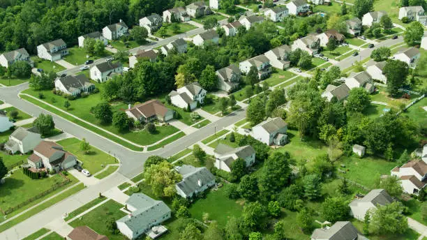 Aerial shot of suburban development on the edge of Monroe, Ohio on a sunny day in summer.