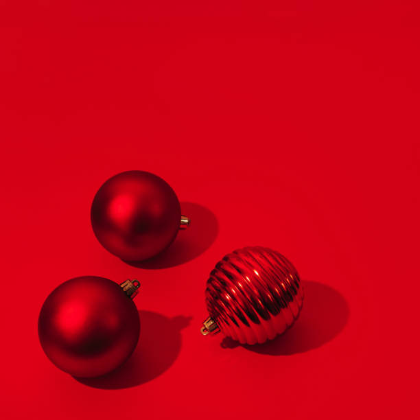 istock Christmas and New Year red balls with copy space on red backdrop. 1287493676