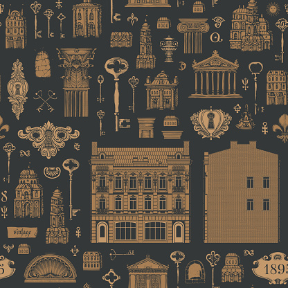 Seamless pattern on the theme of architecture, houses and buildings. Vector background with hand-drawn vintage buildings, architectural elements and old keys. Suitable for wallpaper, wrapping paper