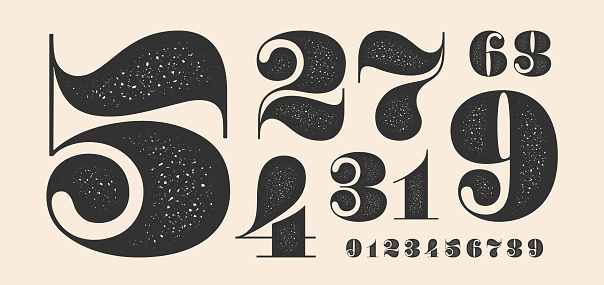 Number font. Font of numbers in classical french didot or didone style with contemporary geometric design and texture. Vintage and old school retro typographic for magazine. Vector Illustration