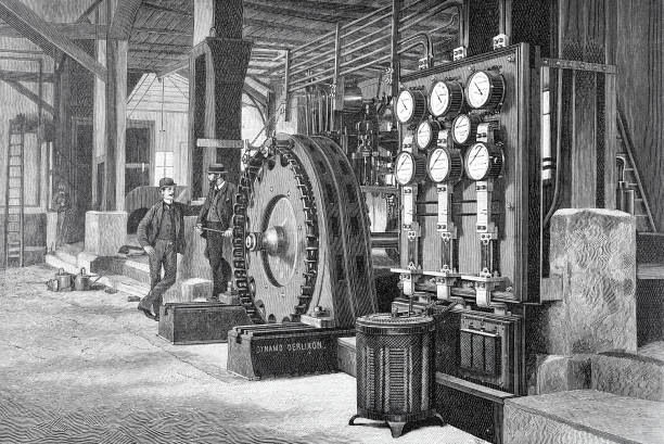 Three-phase Dynamo power transmission Illustration from 19th century dynamometer stock illustrations