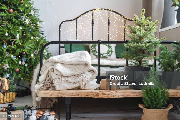 Christmas Interior New Year Bedroom Blurred Stock Photo - Download Image Now - Christmas Tree, Modern, Backgrounds