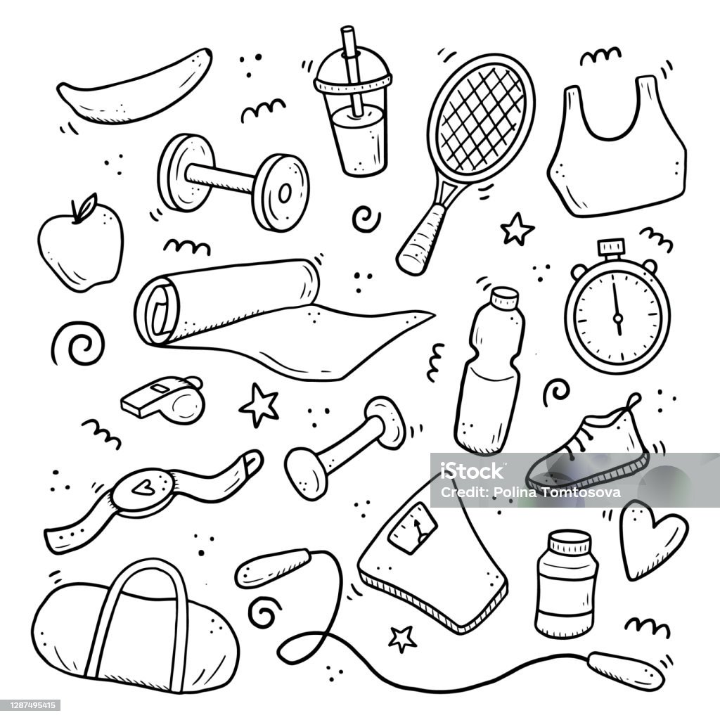 Hand drawn set of fitness, gym equipments Hand drawn set of fitness, gym equipments, activity lifestyle concept. Doodle sketch style. Sport element drawn by digital brush-pen. Illustration for icon, frame, background. Doodle stock vector