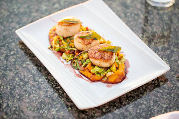 Fine Dining Restaurant Food seared scallops Late evening Sunlight outdoor patio