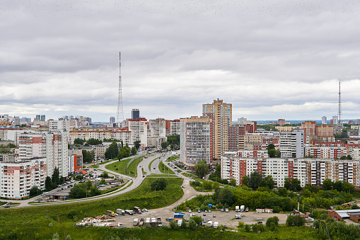 Perm, Russia - June 21, 2020: general view of a commuter town with a multi-storey building