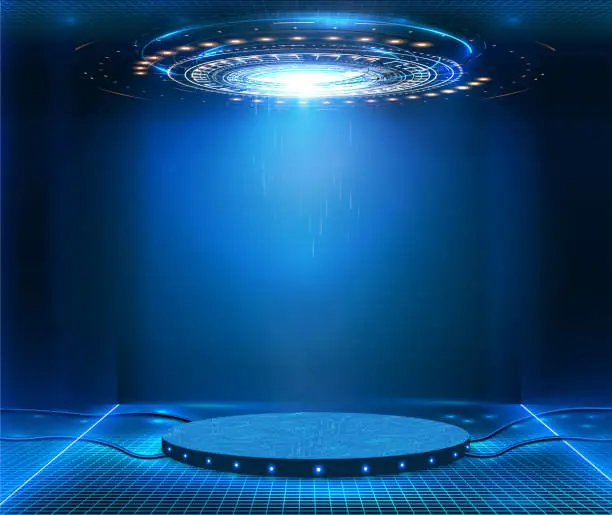 Vector illustration of Futuristic pedestal for product presentation. Fantastic circle HUD,GUI,UI interface screen design.Blank display, stage or podium for show product in futuristic cyberpunk style.Technology demonstration