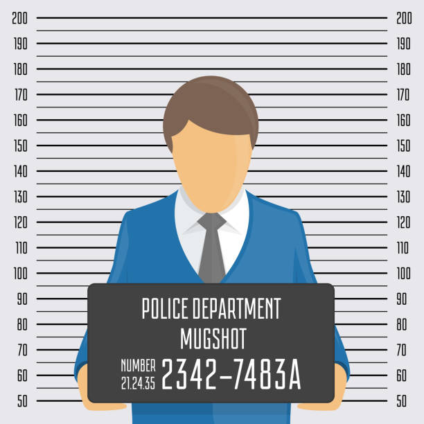 Police mugshot background. Police mugshot background. Vector police lineup template. Arrested man gangster holding board with copy space in hands posing for identification photo. Mugshot illustration with a table. EPS 10. prison photos stock illustrations