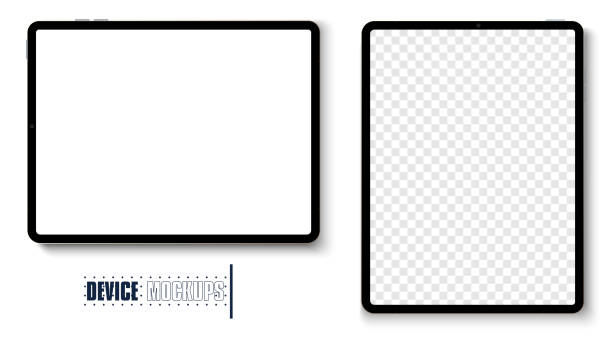 トレンディな薄いフレームの設計のプレミアムタブレットの新しいバージョン。白い背景に分離された影のトップビューを持つタブレットグレーの色。ベクトルの図 - タブレット端末点のイラスト素材／クリップアート素材／マンガ素材／アイコン素材