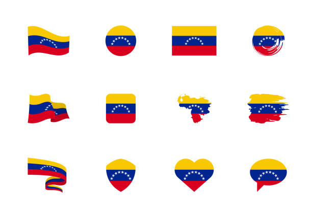 ilustraciones, imágenes clip art, dibujos animados e iconos de stock de bandera de venezuela - colección plana. banderas de diferentes formas doce iconos planos. - government flag american culture technology