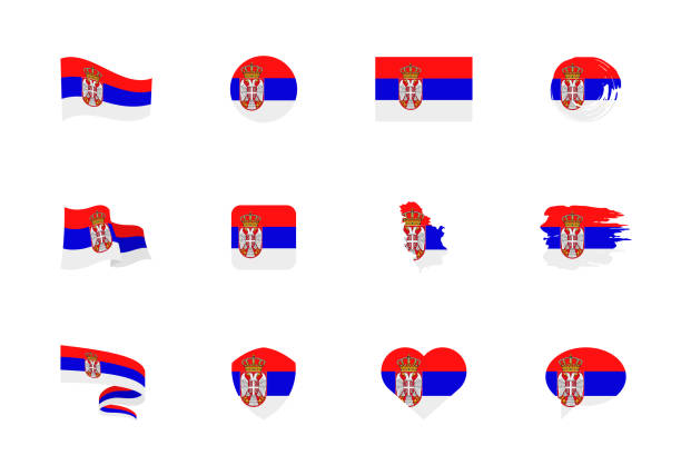 ilustrações, clipart, desenhos animados e ícones de bandeira da sérvia - coleção plana. bandeiras de diferentes ícones planos em forma diferente. - serbian flag