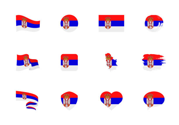 Serbia flag - flat collection. Flags of different shaped twelve flat icons. Serbia flag - flat collection. Flags of different shaped twelve flat icons. Vector illustration set pristina stock illustrations