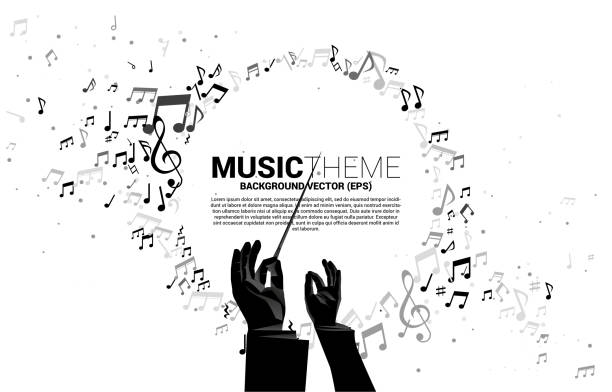 Vector silhouette of conductor hand with music melody note dancing flow . Concept background for classic music concert and recreation. conductor baton stock illustrations