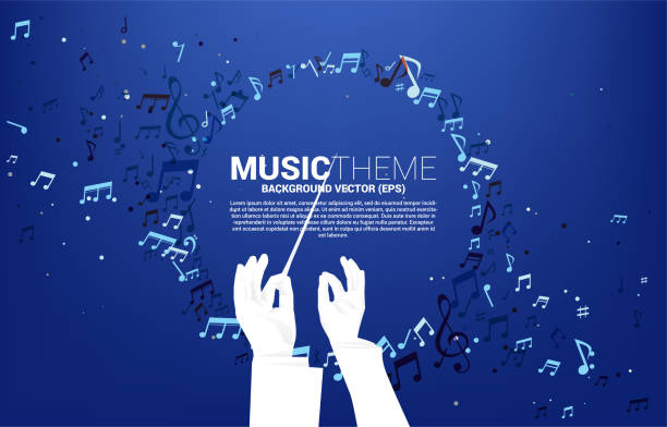Vector silhouette of conductor hand with music melody note dancing flow . Concept background for classic music concert and recreation. conductor baton stock illustrations