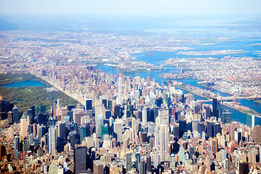 Midtown Manhattan city skyline looking northeast to Upper East Side in New York, NY, United States