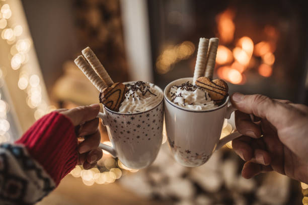 Winter day by fireplace Lazy winter day in front of fire in fireplace. Woman and man hands with a cup of hot chocolate. hot chocolate photos stock pictures, royalty-free photos & images