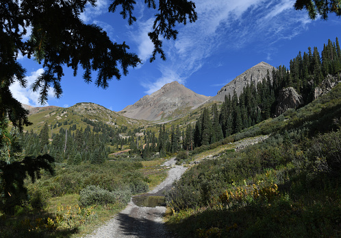 Popular and scenic jeep road leading from Ouray to Yankee Boy Basin, in the Mount Sneffels Wilderness of Uncompahgre National Forest, Colorado, United States.