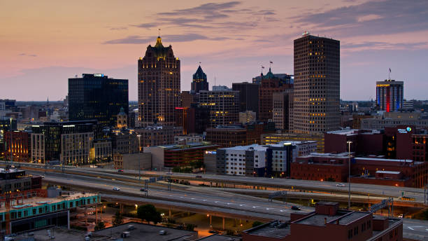 istock Drone View Over Third Ward Towards Downtown Milwaukee at Dusk 1287509389