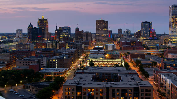 istock Downtown Milwaukee Lit Up at Dusk - Aerial 1287509393