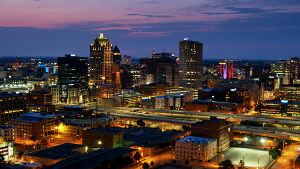 istock Drone Shot of Downtown Milwaukee at Night 1287509397