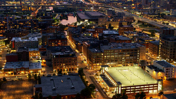 istock Historic Third Ward in Downtown Milwaukee at Twilight - Aerial 1287509401