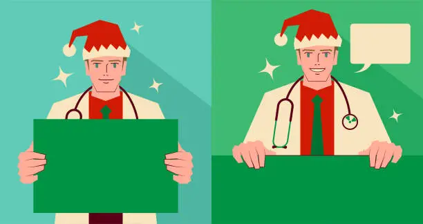 Vector illustration of Handsome young doctor dressed in a Santa Claus suit holding a blank sign and giving you advice, with two postures