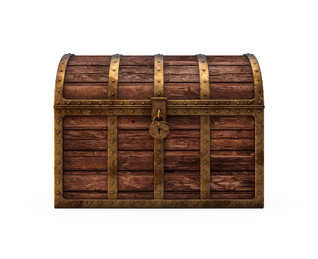 Open treasure chest on sand full of golden coins, gems and pearls, 3d rendering