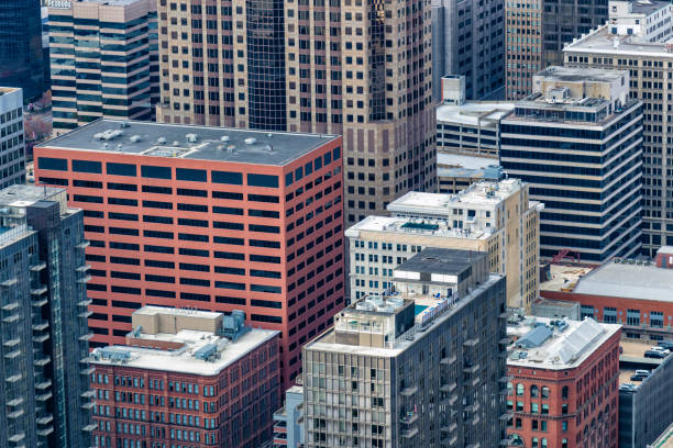 Full frame, close up aerial view of the center of downtown St. Louis, Missouri and its building facades creating a wonderful urban background that has no obvious identifiable structures making for generic use.