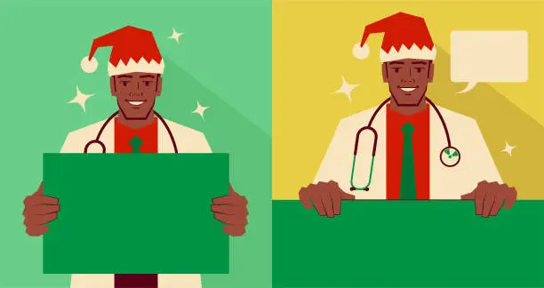 Vector illustration of Handsome young doctor dressed in a Santa Claus suit holding a blank sign and giving you advice, with two postures