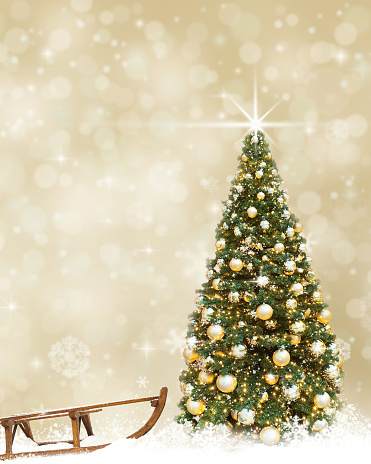 Golden Christmas tree balls sleigh , abstract  background snow