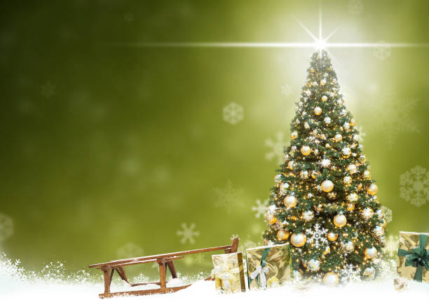 Golden Christmas tree balls sleigh , abstract Green background snow Golden Christmas tree balls sleigh , abstract background snow red green and gold christmas trees stock pictures, royalty-free photos & images