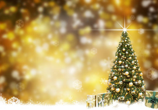 istock Golden Christmas tree balls , abstract background snow 1287517694