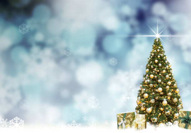 istock Golden Christmas tree balls , abstract blue background snow 1287517737