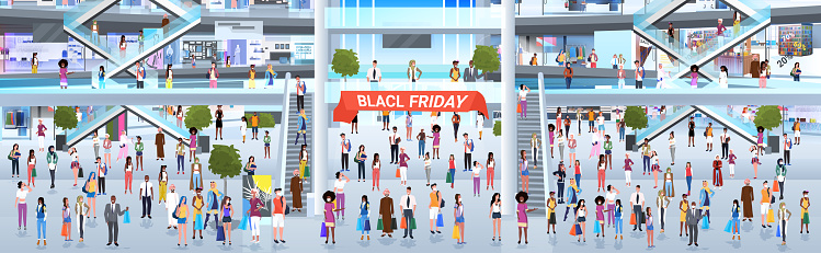 mix race people walking with purchases black friday big sale promotion discount concept shopping mall interior full length horizontal vector illustration