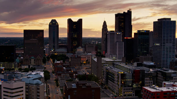 Aerial View of Downtown Columbus at Dusk Aerial shot of Downtown Columbus after sunset, including the Ohio Statehouse. ohio ohio statehouse columbus state capitol building stock pictures, royalty-free photos & images