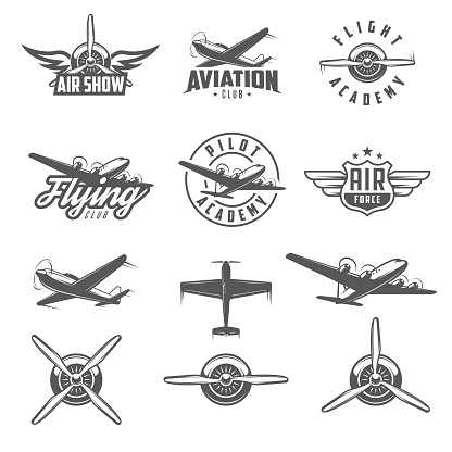 Set of airplane show labels and elements. Flying club. Air show.