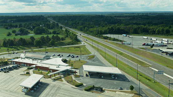 Aerial shot of the Ohio Turnpike passing the Mahoning Valley Service Plaza rest stop near New Springfield, Ohio.
