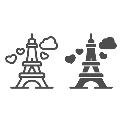 Eiffel Tower with heart line and solid icon, valentine day concept, romance travel sign on white background, Paris as symbol love icon in outline style for mobile concept, web design. Vector graphics