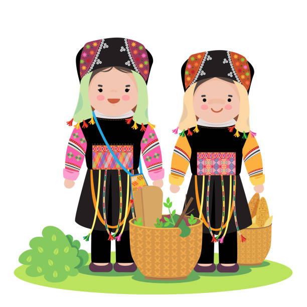 vietnam tribe Hmong in northern of vietnam in traditional costume and basket. padaung tribe stock illustrations