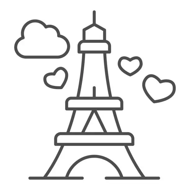 Vector illustration of Eiffel Tower with heart thin line icon, valentine day concept, romance travel sign on white background, Paris as symbol love icon in outline style for mobile concept, web design. Vector graphics.