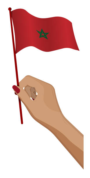 istock Female hand gently holds small morocco flag. Holiday design element. Cartoon vector on white background 1287532471